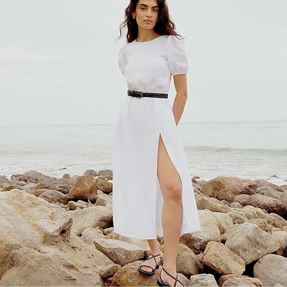 Reformation Linen Midi Dress Open Back Puff Sleeve White Size 12 - Picture 2 of 16